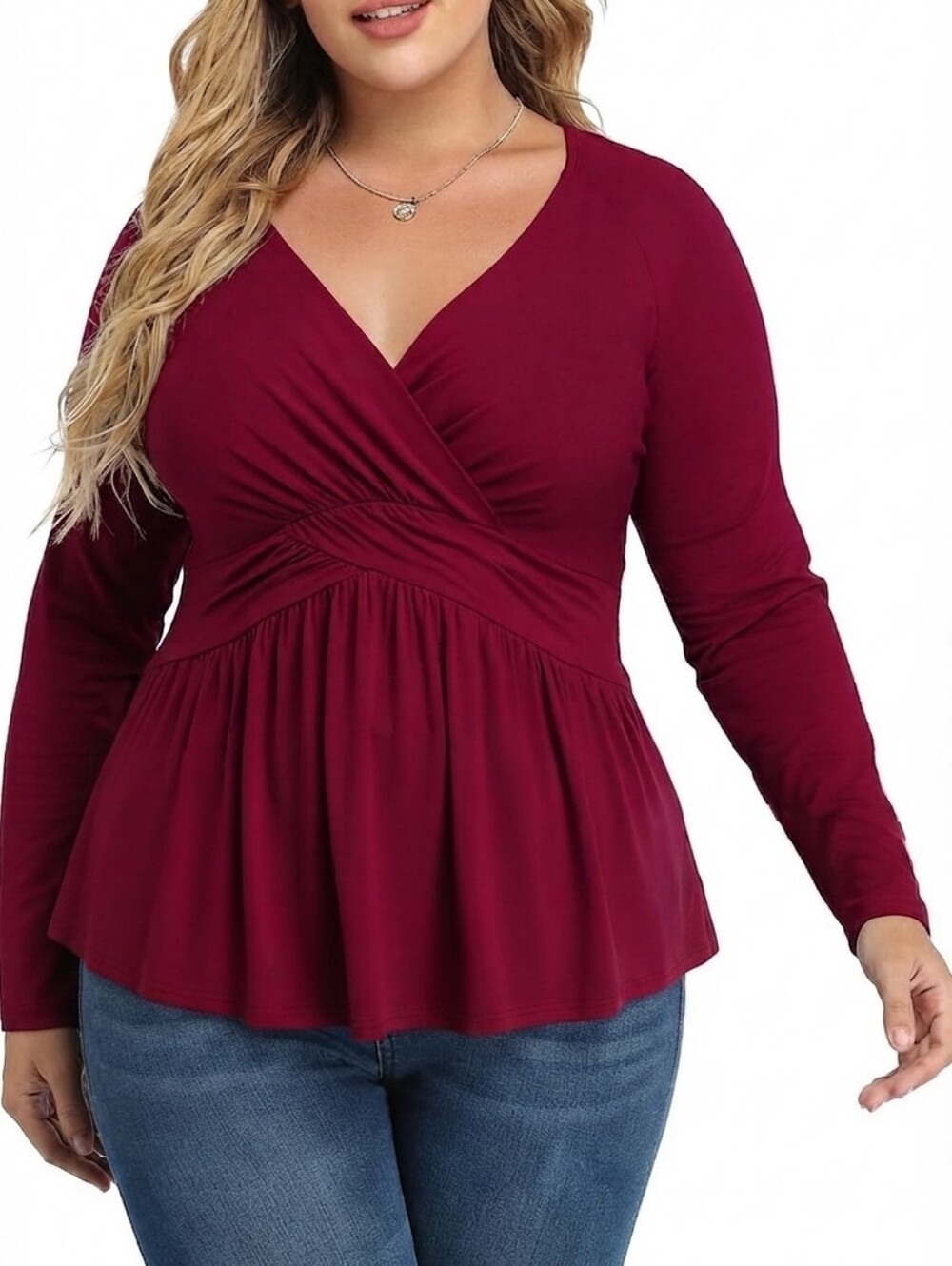 Amazon Burgundy Vneck Draped Babydoll Tunic Top Womens Plus Size 4XL Faux Wrap